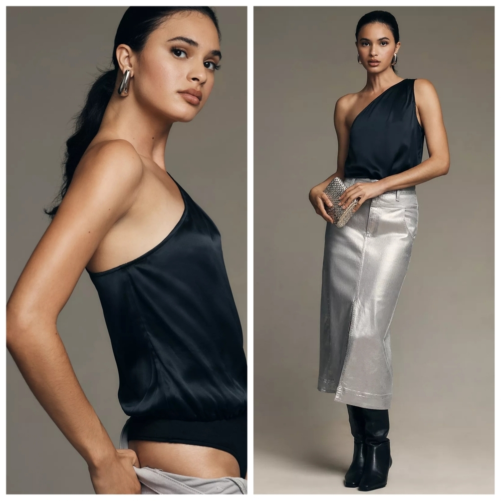 PAIGE Samera Silk Bodysuit | Black | Size XS | One-Shoulder Satin Elegance